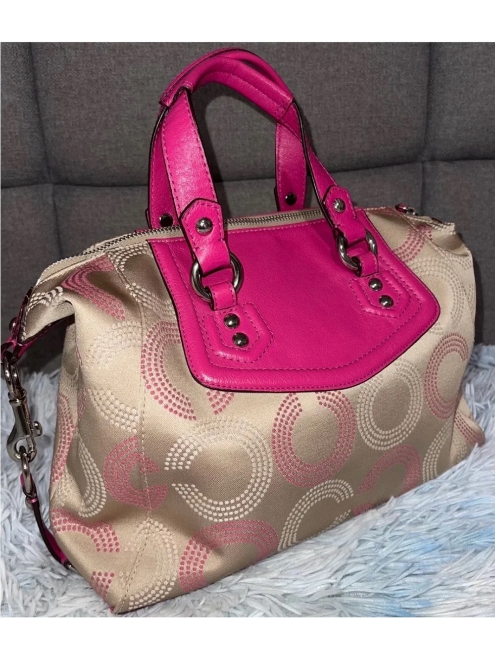 Coach Ashley Beige Signature Satchel with Hot Pink Leather Trim
